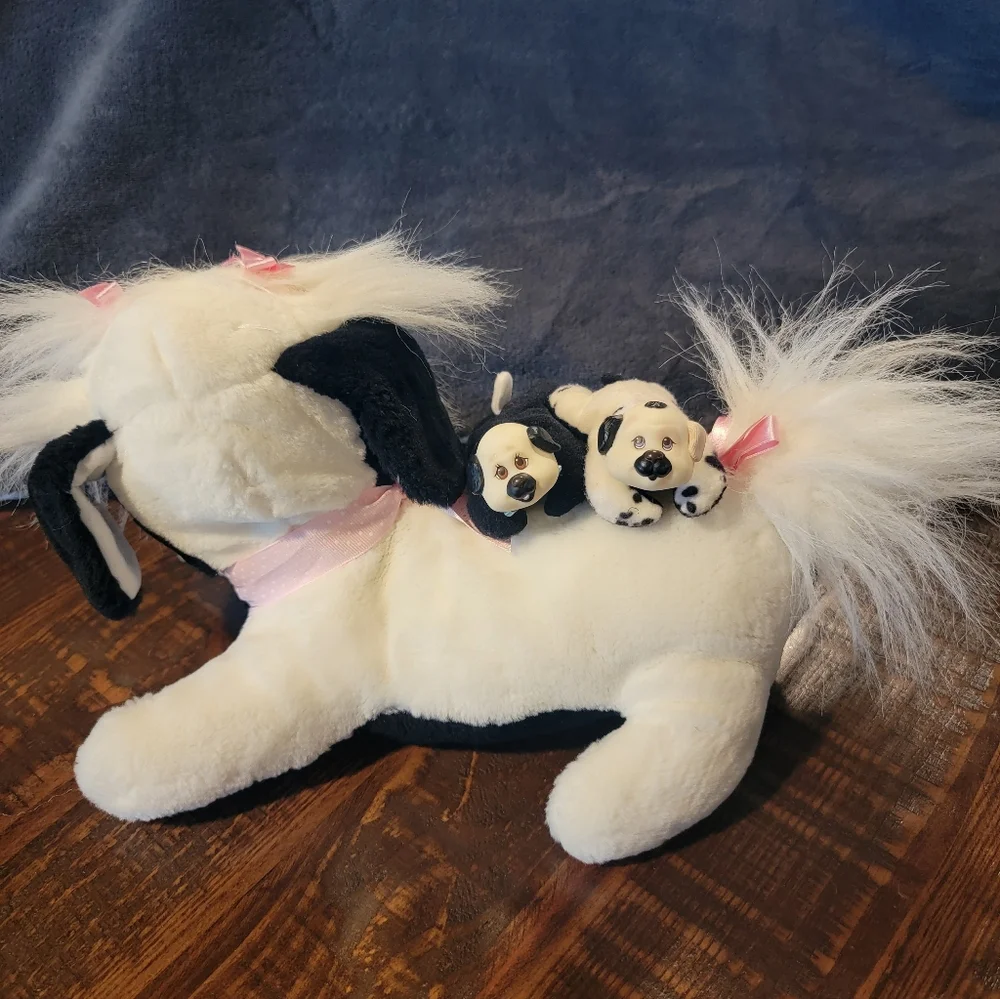 Vintage Puppy Surprise Mom Black White‎ Dog Plush 1991 Hasbro 2 Puppies